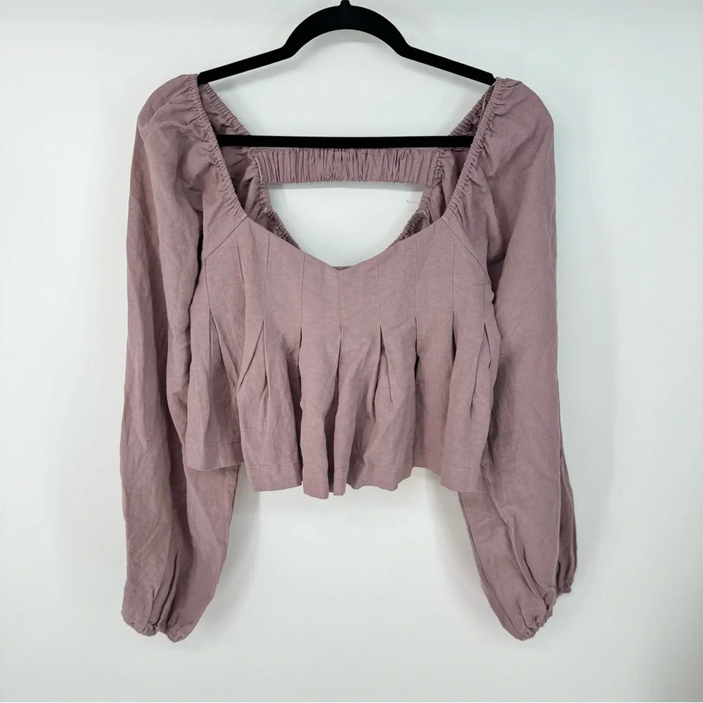 Ensemble Cotton Linen Long Puffed Sleeve Pleated Bottom Blouse